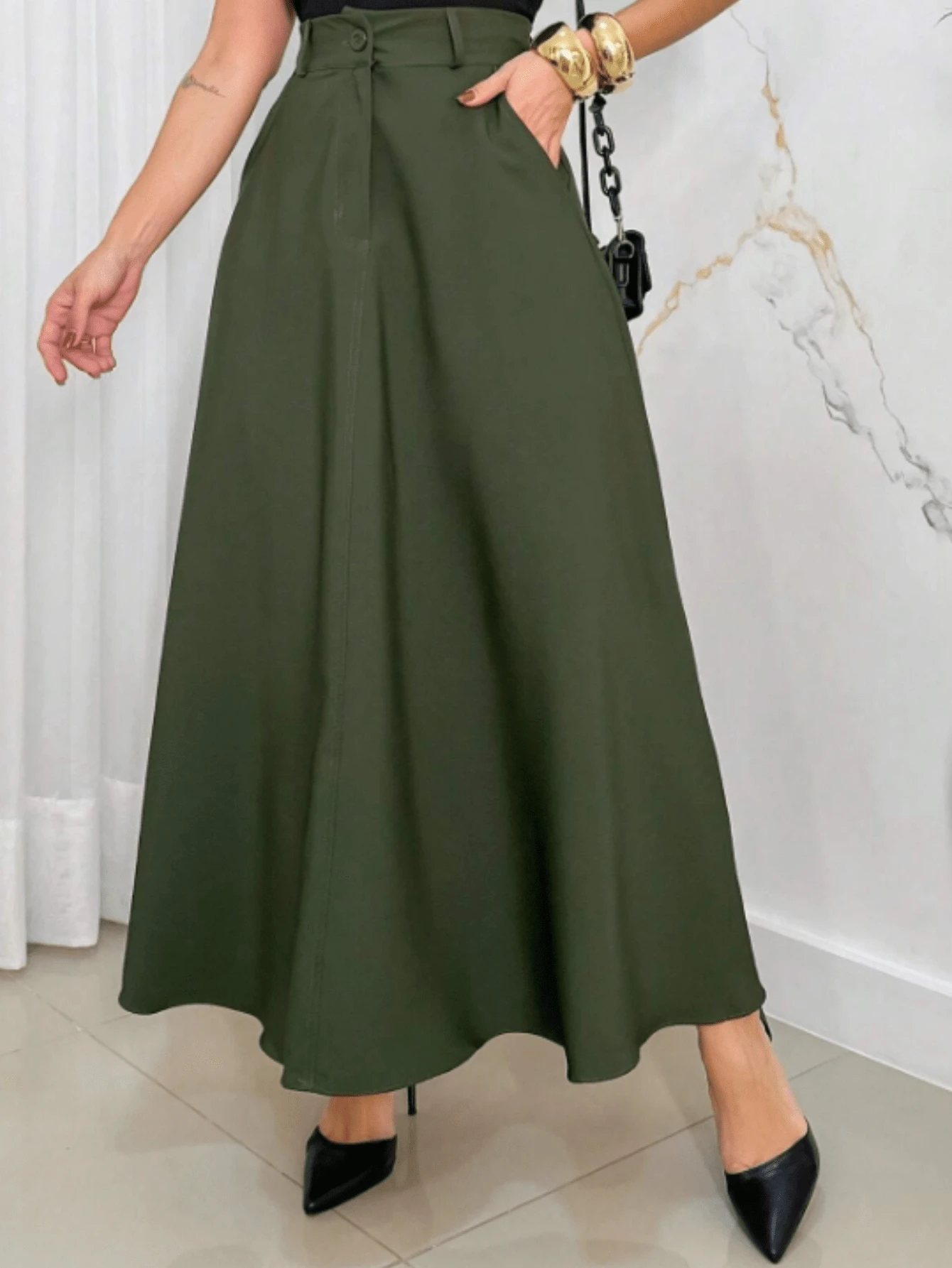 Long Plain High Waist Tailored Skirt With Belt - 軍綠色 - 查看 1