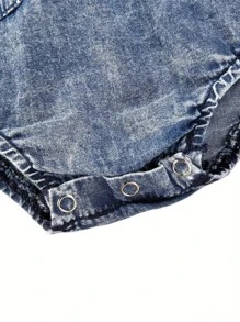 Toddler Summer Playsuits, Baby Denim Blue O-Neck Sleeveless Button Open Rompers For Girls, Boys, 0-12 Months - Màu xanh lam - Xem 3