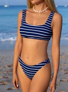 PEPPERMOLLY 新款柔波格条纹粗肩带优雅派对比基尼套装，夏季沙滩时尚女士比基尼度假 - 藍白色 - 查看 1