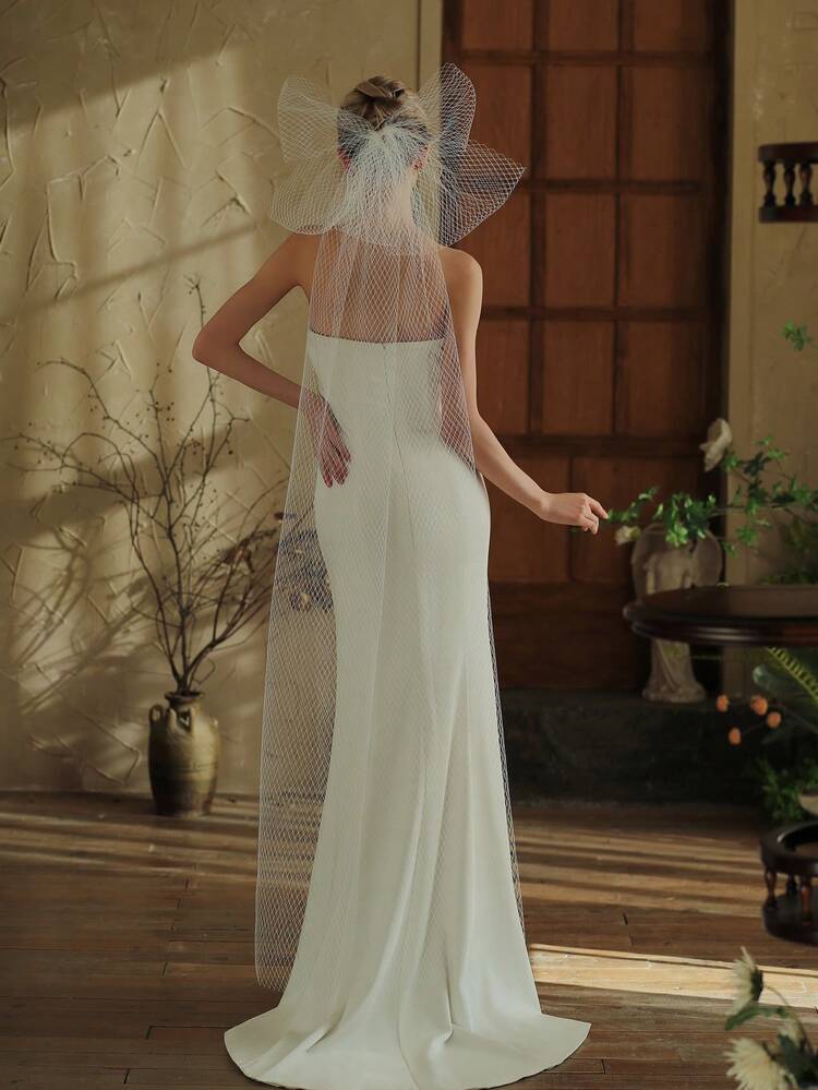 1件女款大網格蝴蝶結新娘面紗髮夾，婚禮派對禮服配件 - 白色 - 查看 2