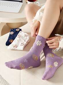 3 Pairs Random Women Floral Pattern Mid-Calf Socks, Cute Fashion Casual Breathable Sports Socks For Spring/Autumn, Suitable For Daily Wear