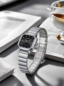 1 件女士方形简约钢带时尚休闲石英表适合日常佩戴