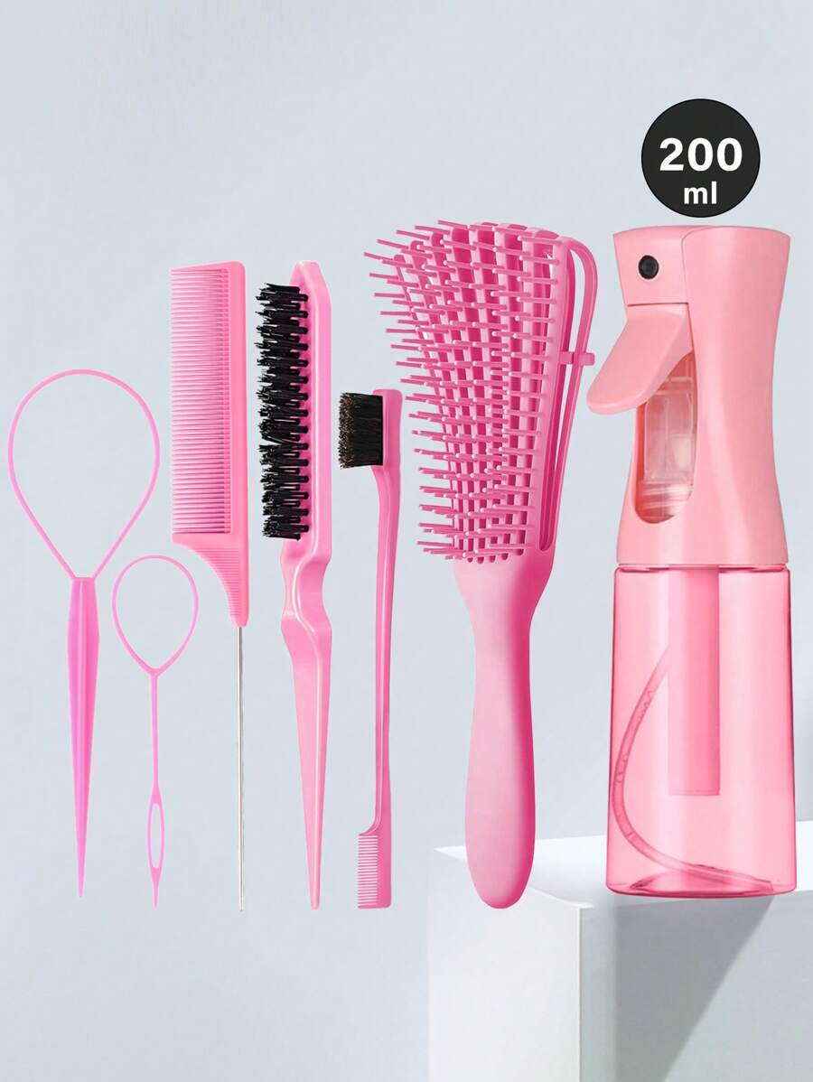 7Pcs/Set Hair Styling Tools, Hair Styling Comb Set, 200ml Clear Spray Bottle, Teasing Hair Brush, Rat Tail Comb, Edge Brush For Edge & Back Brushing, Combing, Slicking Hair For Women, Travel, Outdoor, Sport, Office, School, Hair Accessories - 7pcs Pink - View 1