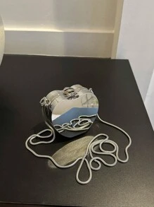1 件全新金属色迷你斜挎包、心形女士手提包、硬壳盒式钱包、硬币/钥匙袋、街头潮流电镀金/银闪亮小包、不对称苹果形迷你包、配饰/口红/耳机收纳礼盒（带镜子） - 銀色 - 查看 2