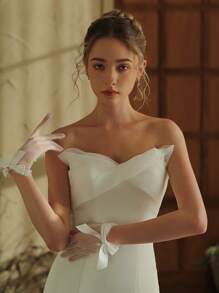 1雙女款短蝴蝶結新娘手套，禮儀拍照派對表演婚紗配件 - 白色 - 查看 7