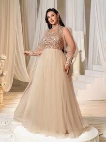 Faeriesty Váy dạ hội trang trọng tay dài cổ bẻ đính sequin Curve Plus - Rượu sâm banh - Xem 5