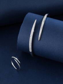 2pcs Jewelry Set: Bracelet And Ring, Minimalist And Fashionable, Double Pointed Cubic Zirconia Sparkling, Luxurious Style, Suitable As A Gift Or For Daily/Holiday Wear, For Women - Multicolor - View 3