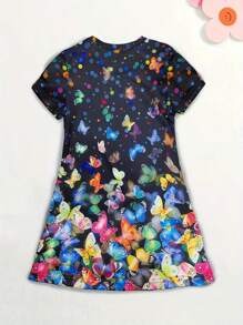 Girls Dreamy Colorful Butterfly Print Short Sleeve Dress Comfy Dresses Summer Gift