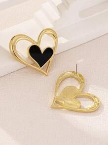 1 Pair Minimalist Fashionable Hollow Leopard Print Heart Drop Earrings, Versatile European & American Style - Black - View 2