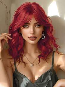 12-Inch Red Short Curly Bobbed Wig With Bangs, Synthetic Curly Bobbed Wig Suitable For Girls, Natural Appearance, Suitable For Daily Wear, Parties, Cosplay And Other Occasions (Please Note The Wearing And Maintenance Methods, The Actual Product Color May Differ Slightly From The Picture Due To Lighting And Angle During Shooting) - Red - View 2