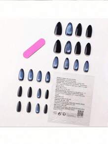 24 件（12 件蓝色猫眼 + 12 件黑色纯色）长杏仁形蓝色银河猫眼美甲套装，包括 2 件果冻凝胶和 1 件指甲锉，适合女孩和女性按压指甲 - 藍色 - 查看 4