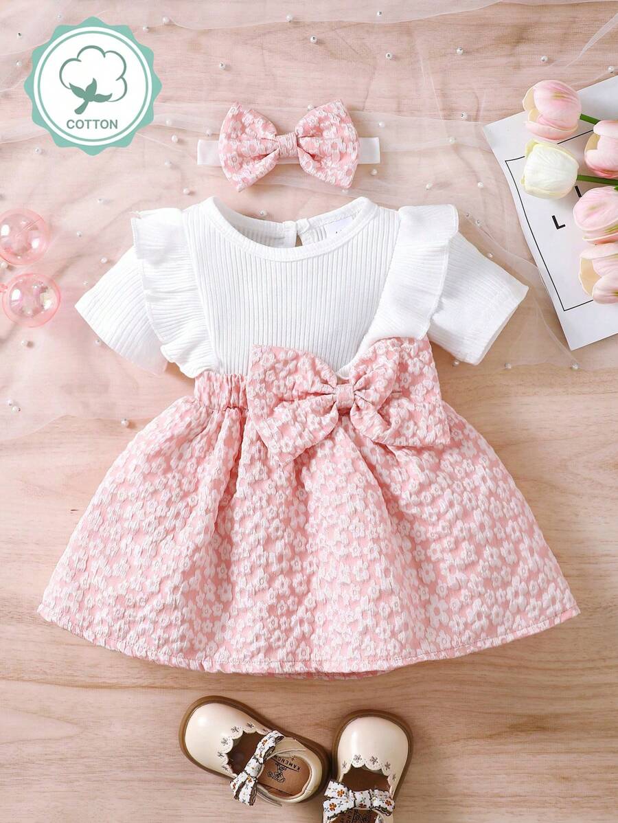 2pcs Set Baby Girl Casual Daily Simple Ditsy Floral Pattern Dress & Headscarf - Pink - View 1