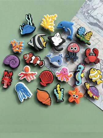 23pcs/Set Underwater Coral Series, Including Starfish, Seashell, Coral, Seahorse, Seaweed Etc., Showcasing Unique Creative Designs, Revealing Endless Possibilities For Foot Decoration, Detachable And Washable.