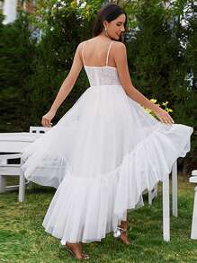Sexy Lace Contrast Mesh Spaghetti Strap Asymmetrical Hem Prom Dresses For Dinner Cocktail Party Graduation White Dresses - White - View 2