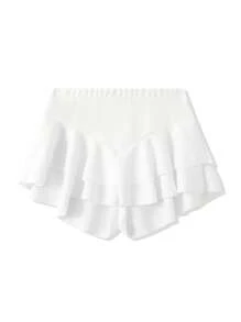 Women's Mini Ruffle Shorts Casual Solid Color High Waist Layered Shorts Summer Streetwear - 白色 - 查看 3