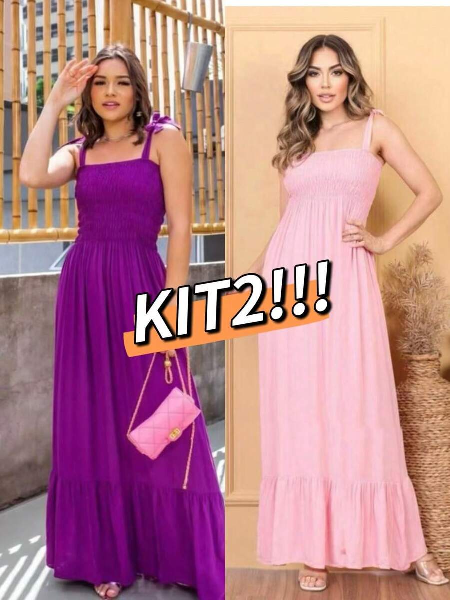Kit 2 Women's Long Lastex Dresses With Straps And Tie Straps - ROXO+rosa bebe - 查看 1