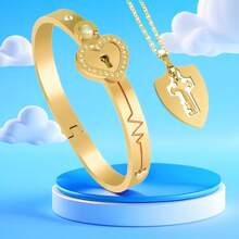 2pcs Projection 'I Love You' In 100 Languages Bracelet And Protection Shield Keychain Couple Jewelry Set, Titanium Steel Romantic Matching Gift For Birthday, Small Wrist, Emotional Memorial