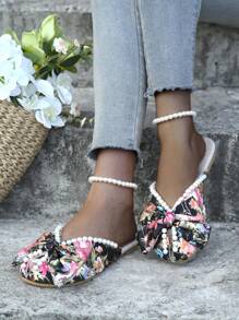 Women's Student Back-To-School Season Full-Print Faux Pearl Design Bow Flat Sandals Outdoor Fashion Wedding Work School Dormitory Vacation Travel Beach Can Be Worn - Multicolor - View 7