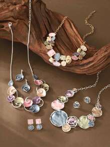 1 Set de 2 piezas Conjunto de joyería elegante y vintage de flores geométricas de aleación de zinc esmaltadas y coloridas, que incluye collar colgante y pendientes, adecuado para uso diario, fiestas, citas, vacaciones y como regalo para mujeres