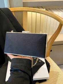1pc Soft Black Velvet Hardback Clutch With Detachable Chain Strap, High-End Date/Holiday Gift