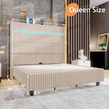 Corduroy Upholstered Platform Bed Frame With LED Lights, 60" Tall Wingback Headboard & Charging Station – No Box Spring Required - Beige - View 3