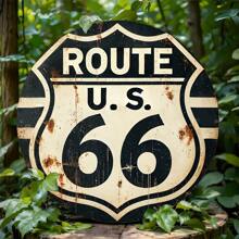1 pieza Señal de carretera de madera vintage de la Ruta 66, arte de pared estadounidense retro de carretera, placa redonda decorativa para el hogar, bar, cafetería, garaje, casa de campo, estilo de agujero aleatorio