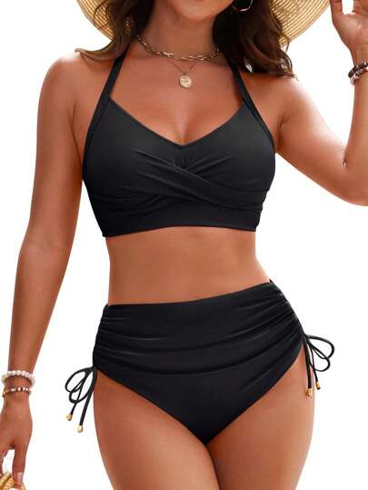 Nuevo conjunto de bikini de talle alto con cruce de tirantes sexy para mujeres, estilo europeo y americano, decoración con herrajes metálicos, ajustable, control de la barriga