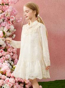 ASK JUNIOR Tween 女童春秋长袖蕾丝休闲沙滩度假中长连衣裙 - 米色 - 查看 3