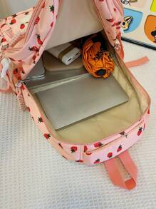 Bộ 3 chiếc ba lô nhiều ngăn gấp gọn bằng vải nylon màu trơn phong cách tươi mới thường ngày họa tiết dâu tây, nơ, anh đào, khóa kéo jacquard, dung tích lớn, thích hợp cho nữ mặc hàng ngày, sinh viên đại học, đào tạo, đi học, mua sắm, du lịch - Hồng - Xem 7