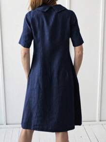 Summer Cotton Linen Dress For Women Short Sleeve Waist Pleat Dresses Loose Casual Solid Classy Midi Dress With Pocket - Blue - View 3