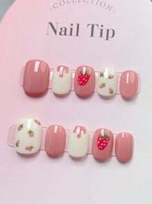 10pcs Handmade Cute Sweet Strawberry Short-Style Nail Stickers For Nail Art, Reusable And Removable For Students Press On Nails - Multicolor - View 3