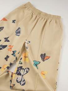 女士休闲蝴蝶印花松紧腰阔腿裤 - 杏色 - 查看 6