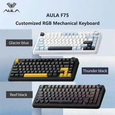 AULA F75 是一款支持蓝牙/2.4G 无线/有线三模式的定制机械游戏键盘，适用于 PC 和笔记本电脑。它采用全键热键可更换 PBT 材质，75% 布局，支持 RGB 通用灯效和多种键帽选择。这是一款专为办公、游戏和电竞而设计的键盘。