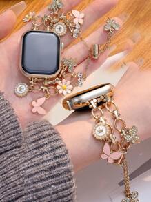 1 条 Apple Watch 表带 Apple Watch 表带女式金色和粉色手链，奢华蝴蝶水钻表带，兼容 Apple Watch 38/40/41/42/44/45/46/49mm，兼容 Apple Watch Ultra/SE/Series 10/9/8/7/6/5/4/3/2/1，带蝴蝶图案/雏菊/皇冠吊坠，伸缩抽绳设计，卡通可爱，时尚精致，可用作日常使用或生日礼物 - 玫瑰金 - 查看 3