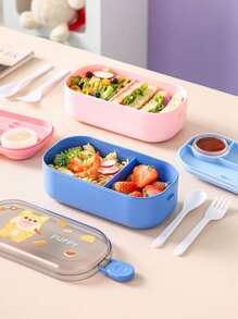 1/2pcs Cartoon Double Lunch Box Students With Rice Compartment Large Capacity With Tableware Microwaveable Heating Children's Lunch Box