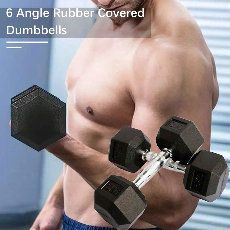 1 Pair Hexagon PVC Coated Dumbbells - 5kg*2 Or 10kg*2, 2 Options Available, Suitable For Home Gym, Also Can Be Used As Gift - Black - View 1