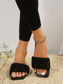 Women Plus Size Flat Sandals, Summer Casual Versatile Rhinestone Embellished Slide Sandals - Black - View 7