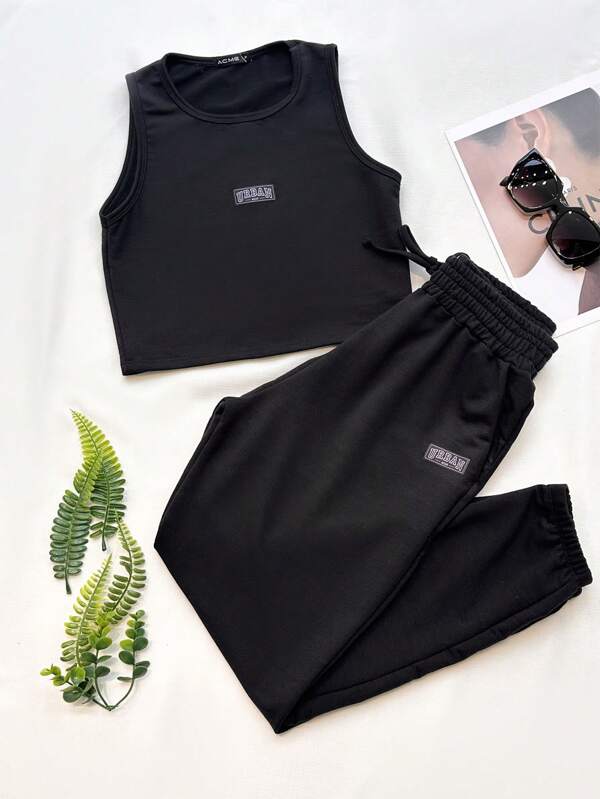 Conjunto Moletinho Esportivo Top E Calca Jogger Estampado Urban Bolso Elastano