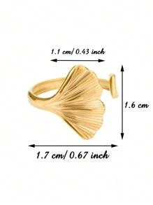 Delicados anéis de aço inoxidável com folhas de ginkgo e concha de sereia, cor dourada, duas folhas, franjas, anel aberto ajustável para mulheres, banhado a ouro 18K, à prova d'água, antidesbotamento, joias de casamento, férias, acessórios de uso diário, presentes para ela