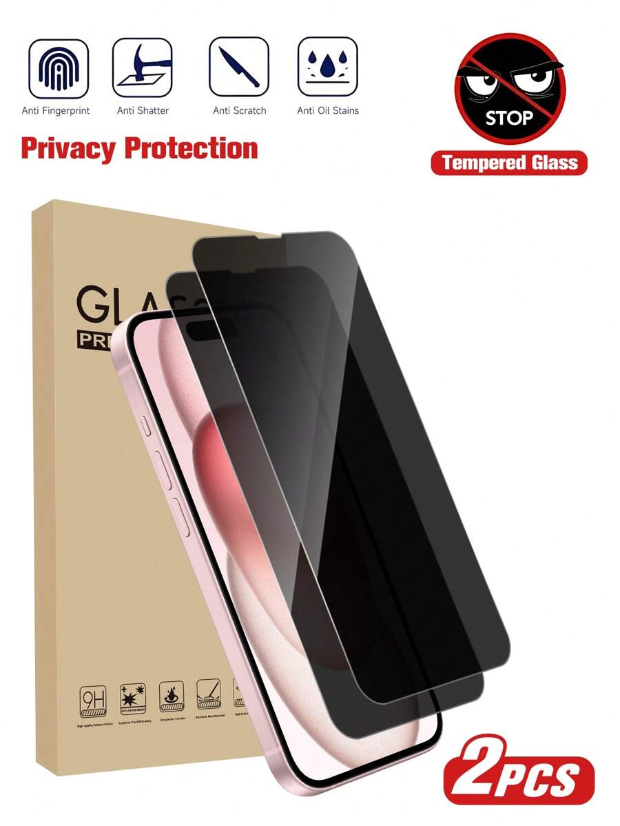 2pcs Privacy Screen Protector, Compatible With Apple 17/17Pro/17Promax/16 Promax, Anti-Peeping Tempered Glass Protective Case, Anti-Scratch, Anti-Shock, Anti-Oil, Anti-Scratch Coating - 2 Piece Pack - View 1
