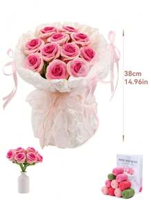 1 Set Crochet Flower Bouquet Craft Kit For Beginners, Handmade Rose Flower Yarn Arts & Crafts, DIY Knitting Materials Pack With Basic Accessories And Instructions, Holiday Gift
