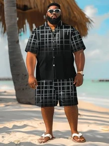 1 Set Plus Size Men's Black Plaid Print Shirt And Beach Shorts Set, Casual Button Up Short Sleeve Shirt, Suitable For Outdoor Activities