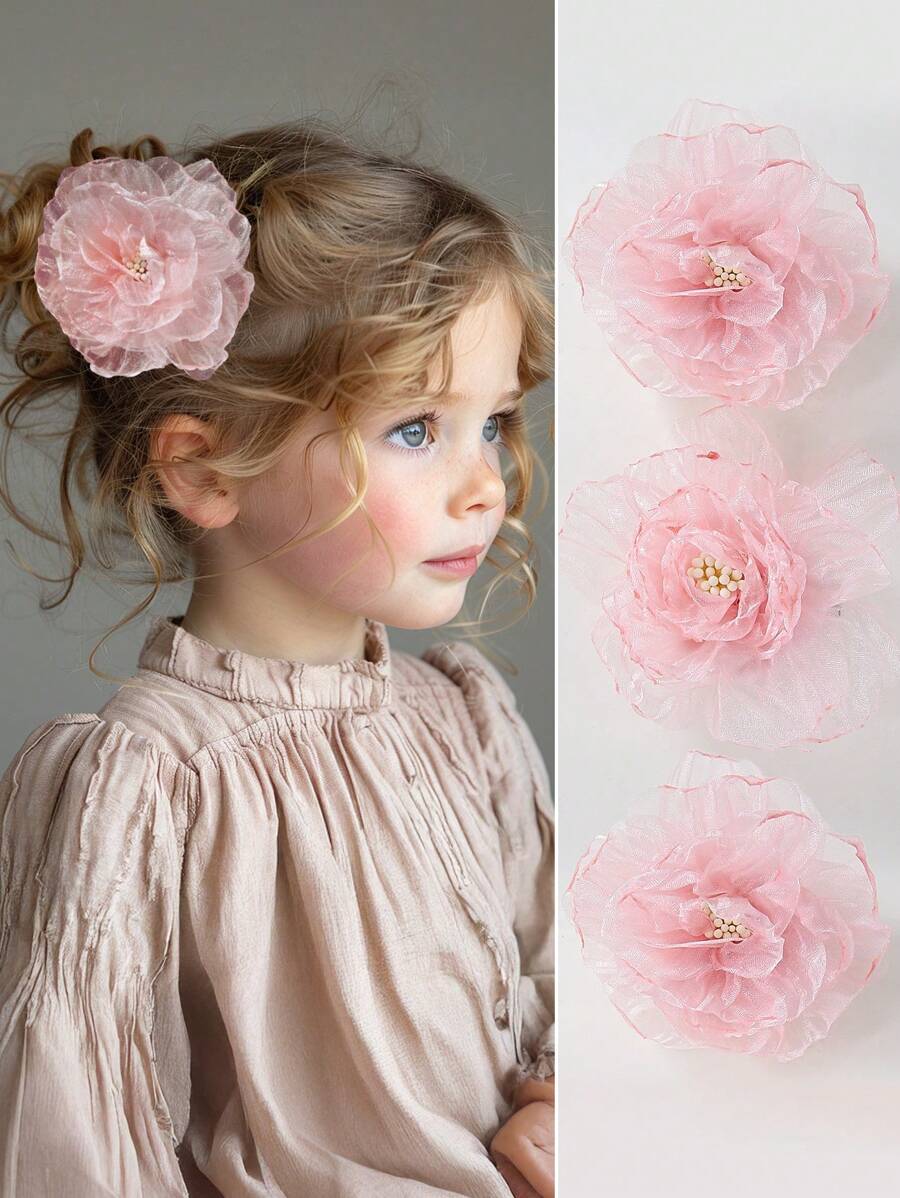 2 件套 女婴儿童淡粉色仿雪纺褶皱花朵发夹刘海发饰，日常使用，春夏