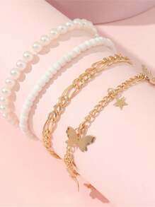 4pcs/Set Beach Style Star & Butterfly Faux Pearl Beaded Anklet Accessories For Girls