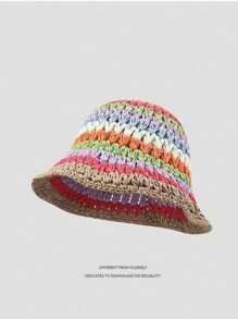 1pc Women's Striped Colorblock Hollow Out Windproof Knit Cap, Suitable For All Seasons - Fisherman's Hat - View 7