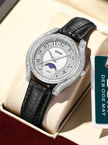 DOM 1 件时尚女士水钻镶嵌昼夜发光珍珠贝母表盘皮革表带防水腕表 - 銀色 - 查看 2