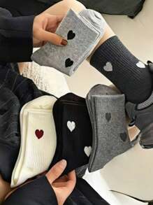 4 Pairs Women's Heart Pattern Mid-Calf Socks, Solid Color Cute Design, Versatile, Fall - Multicolor - View 3