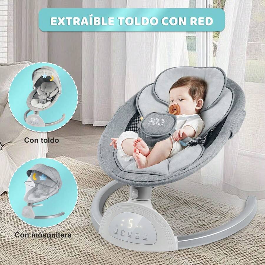Silla mecedora para bebe,Moisés Plegable Con Colchón Y Mosquitero,mando a distancia,bluetooth - Gris - Ver 1