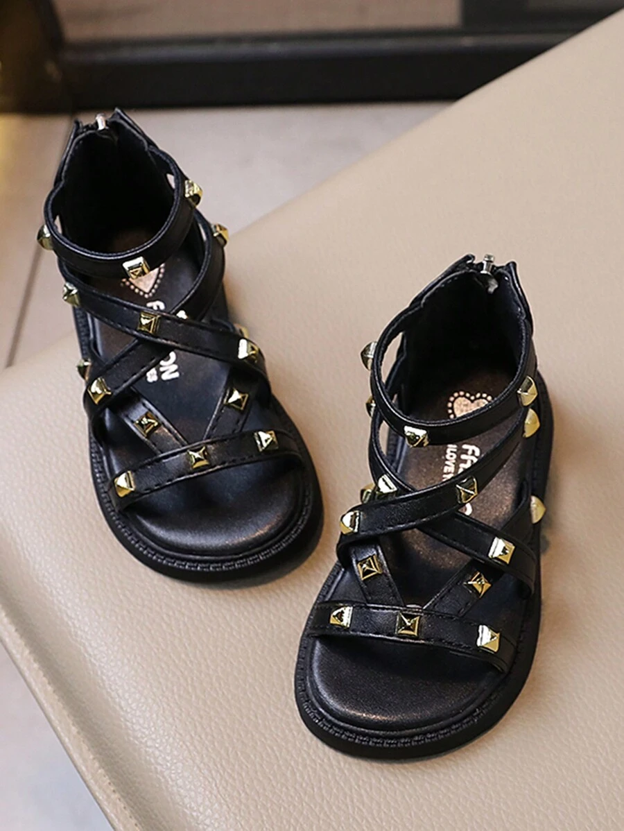 1 双女童夏季罗马凉鞋，时尚软底公主凉鞋，时尚又快乐 - 黑色 - 查看 1