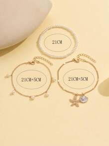3pcs/Set White Pearl Tassel Sea Star Shell Pendant Anklet Gold Color Multilayer Women Foot Jewelry, Suitable For Daily Wear And Vacation - Multicolor - View 4